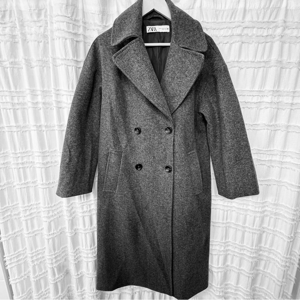 ZARA CHARCOAL DOUBLE-BREASTED PEA COAT, OVERSIZED